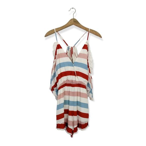 Lovers & Friends Malia Striped Cold Shoulder Ruffle Romper - Picture 2 of 7
